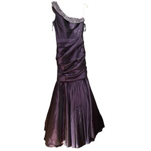 Jovani Mother Of The Bride Evening Gala Beaded One Arm Aubergine Gown Size